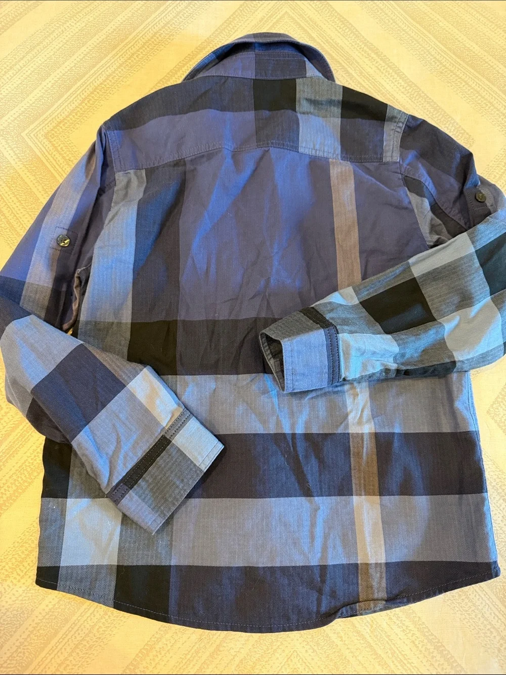 Burberry Children 6Y Blue Herringbone Plaid Button Down Shirt Roll Tab Sleeves
